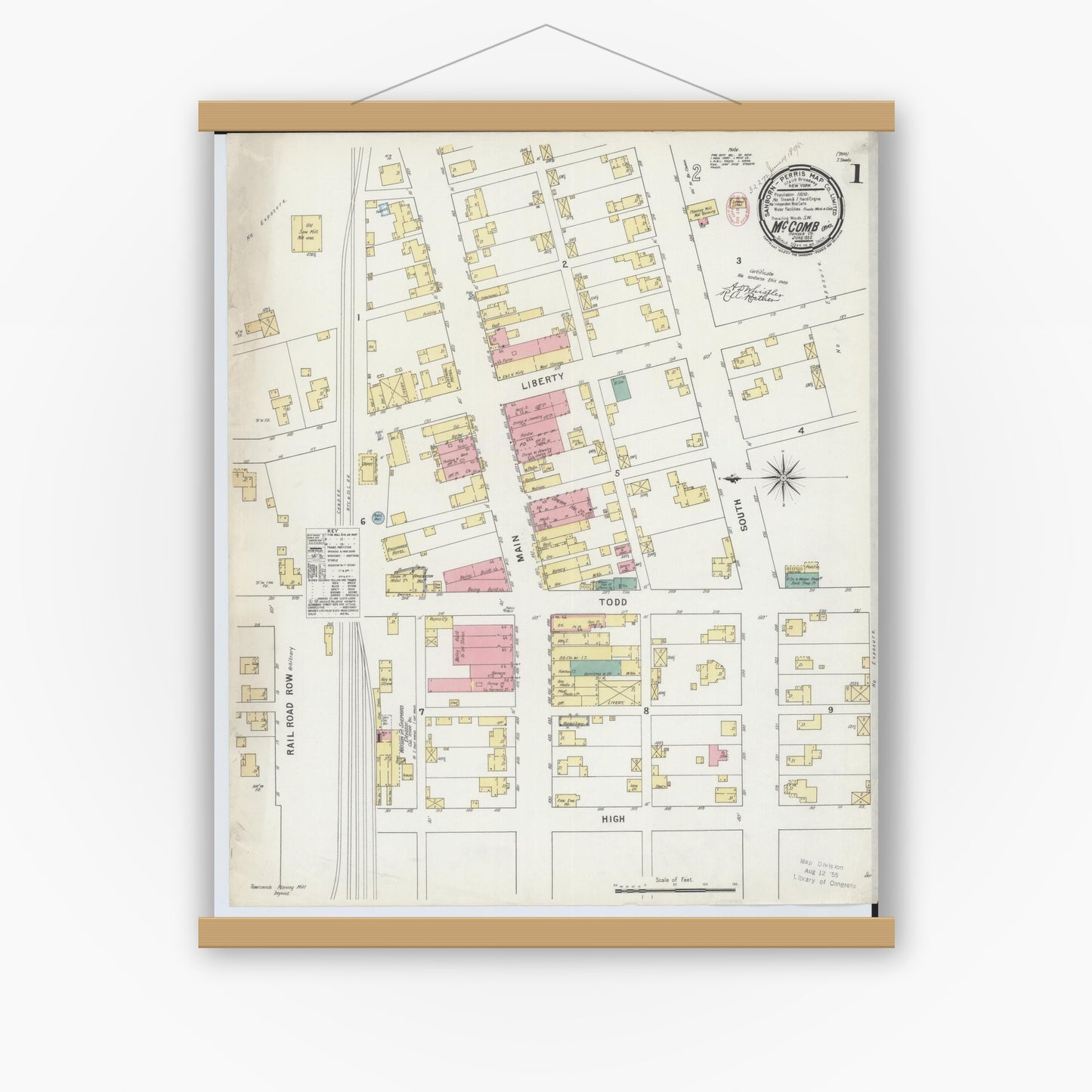 Old map wall art mockup — magnetic wood frame on white wall — Sanborn Fire Insurance Map from McComb, Hancock County, Ohio (1885) - Complete Map Set