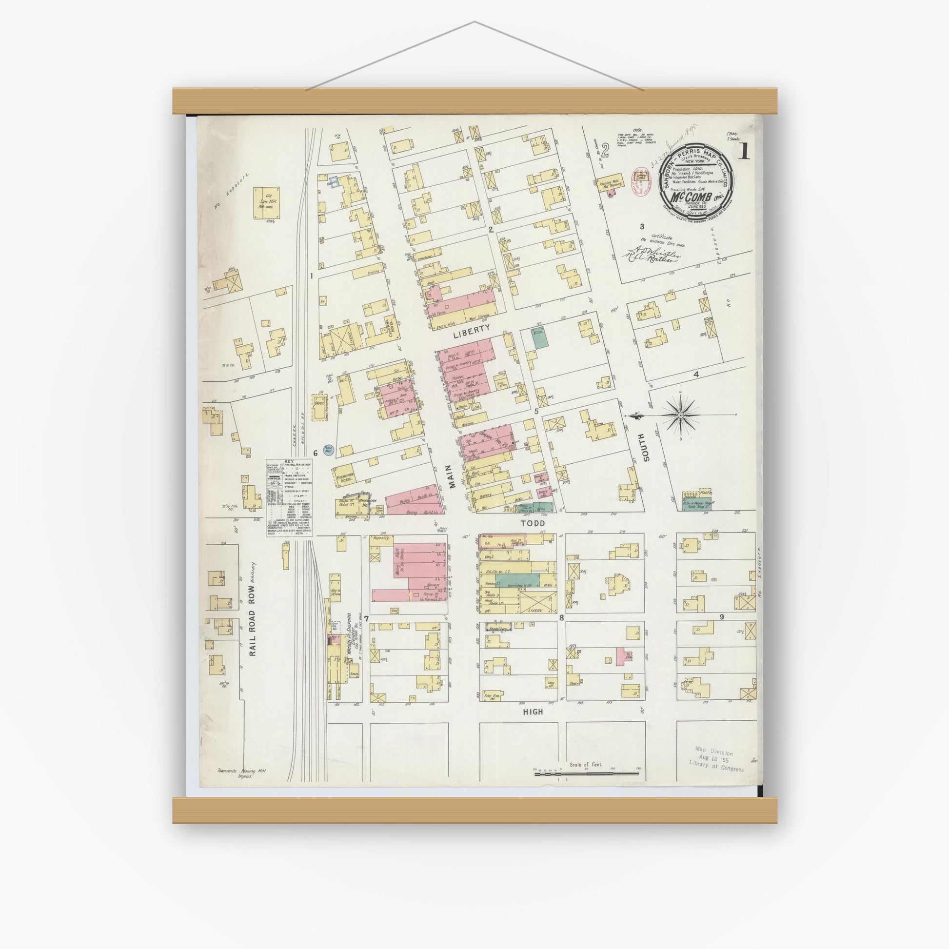 Old map wall art mockup — magnetic wood frame on white wall — Sanborn Fire Insurance Map from McComb, Hancock County, Ohio (1885) - Complete Map Set