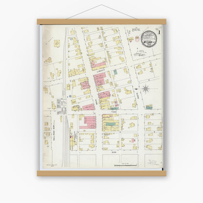 Old map wall art mockup — magnetic wood frame on white wall — Sanborn Fire Insurance Map from McComb, Hancock County, Ohio (1885) - Complete Map Set