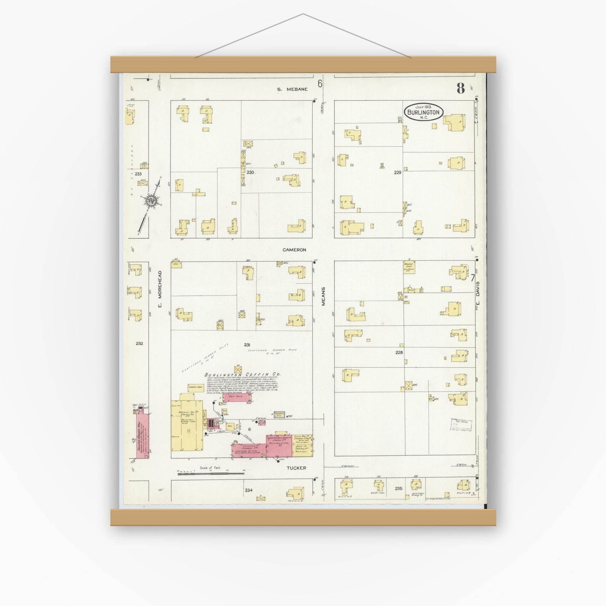 Old map wall art mockup — magnetic wood frame on white wall — Sanborn Fire Insurance Map from Burlington, Alamance County, North Carolina (1913), Sheet #0008