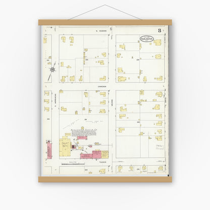 Old map wall art mockup — magnetic wood frame on white wall — Sanborn Fire Insurance Map from Burlington, Alamance County, North Carolina (1913), Sheet #0008