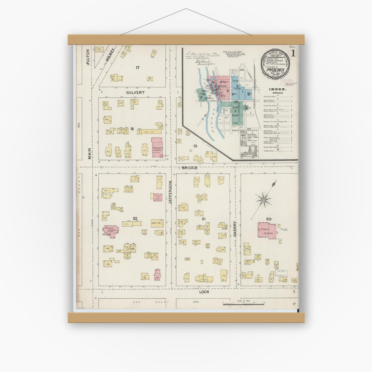 Old map wall art mockup — magnetic wood frame on white wall — Sanborn Fire Insurance Map from Phoenix, Oswego County, New York (1890), Sheet #0001