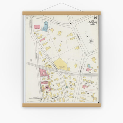 Old map wall art mockup — magnetic wood frame on white wall — Sanborn Fire Insurance Map from Taunton, Bristol County, Massachusetts (1893), Sheet #0014
