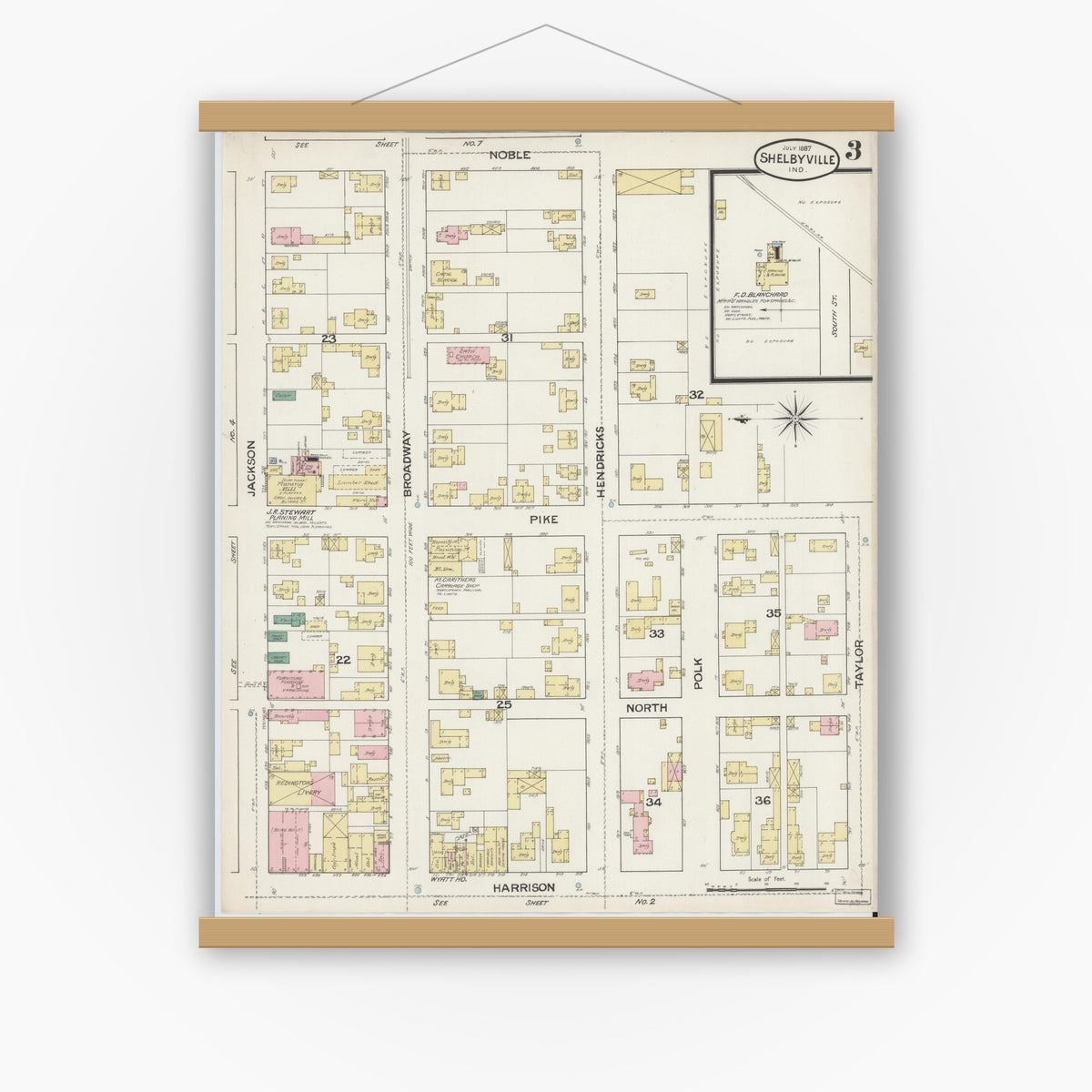 Old map wall art mockup — magnetic wood frame on white wall — Sanborn Fire Insurance Map from Shelbyville, Shelby County, Indiana (1887), Sheet #0003