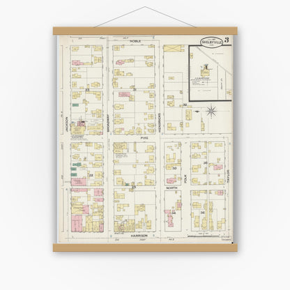 Old map wall art mockup — magnetic wood frame on white wall — Sanborn Fire Insurance Map from Shelbyville, Shelby County, Indiana (1887), Sheet #0003