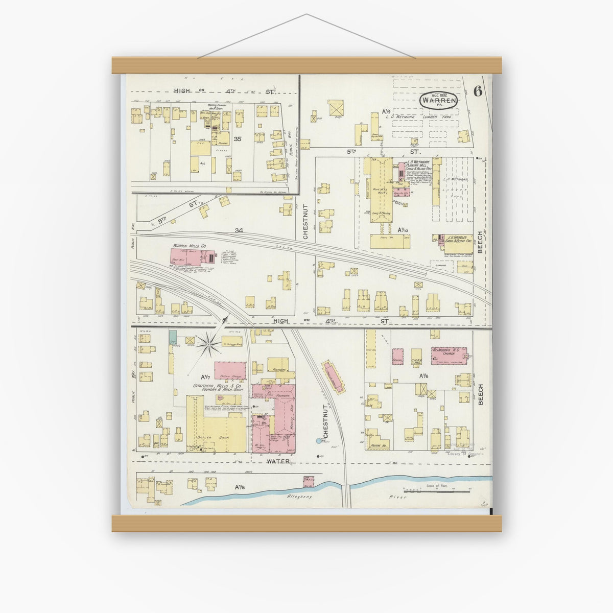 Old map wall art mockup — magnetic wood frame on white wall — Sanborn Fire Insurance Map from Warren, Warren County, Pennsylvania (1892), Sheet #0006