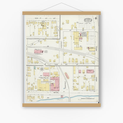 Old map wall art mockup — magnetic wood frame on white wall — Sanborn Fire Insurance Map from Warren, Warren County, Pennsylvania (1892), Sheet #0006