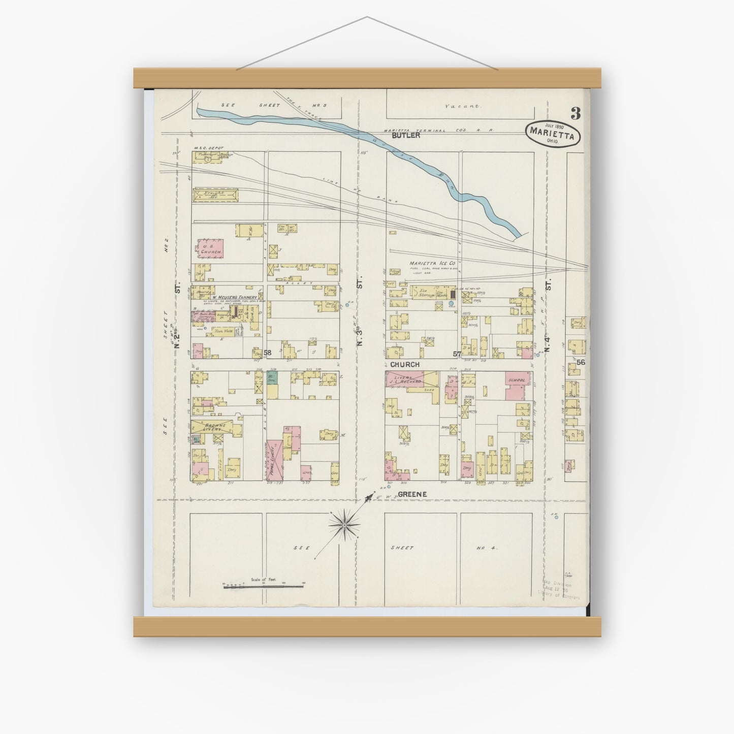 Old map wall art mockup — magnetic wood frame on white wall — Sanborn Fire Insurance Map from Marietta, Washington County, Ohio (1890), Sheet #0003