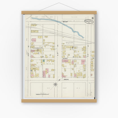 Old map wall art mockup — magnetic wood frame on white wall — Sanborn Fire Insurance Map from Marietta, Washington County, Ohio (1890), Sheet #0003