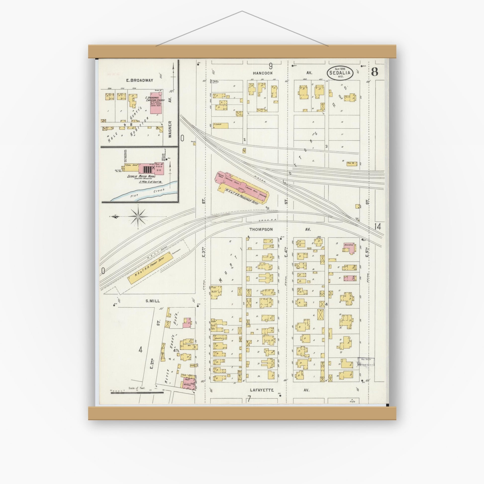 Old map wall art mockup — magnetic wood frame on white wall — Sanborn Fire Insurance Map from Sedalia, Pettis County, Missouri (1898), Sheet #0008