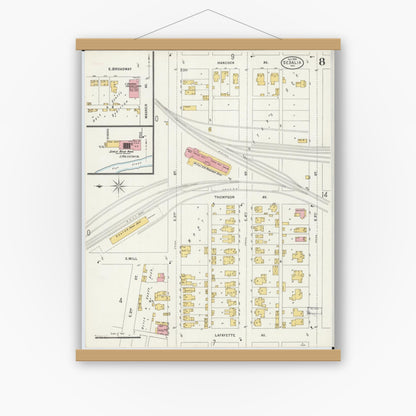 Old map wall art mockup — magnetic wood frame on white wall — Sanborn Fire Insurance Map from Sedalia, Pettis County, Missouri (1898), Sheet #0008