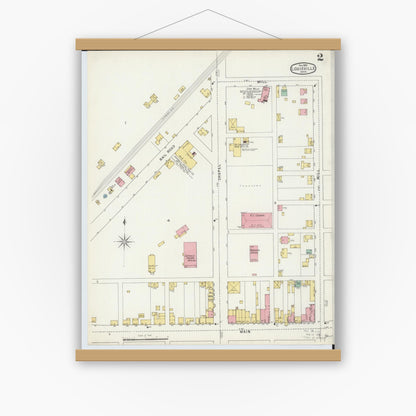 Old map wall art mockup — magnetic wood frame on white wall — Sanborn Fire Insurance Map from Louisville, Stark County, Ohio (1895), Sheet #0002
