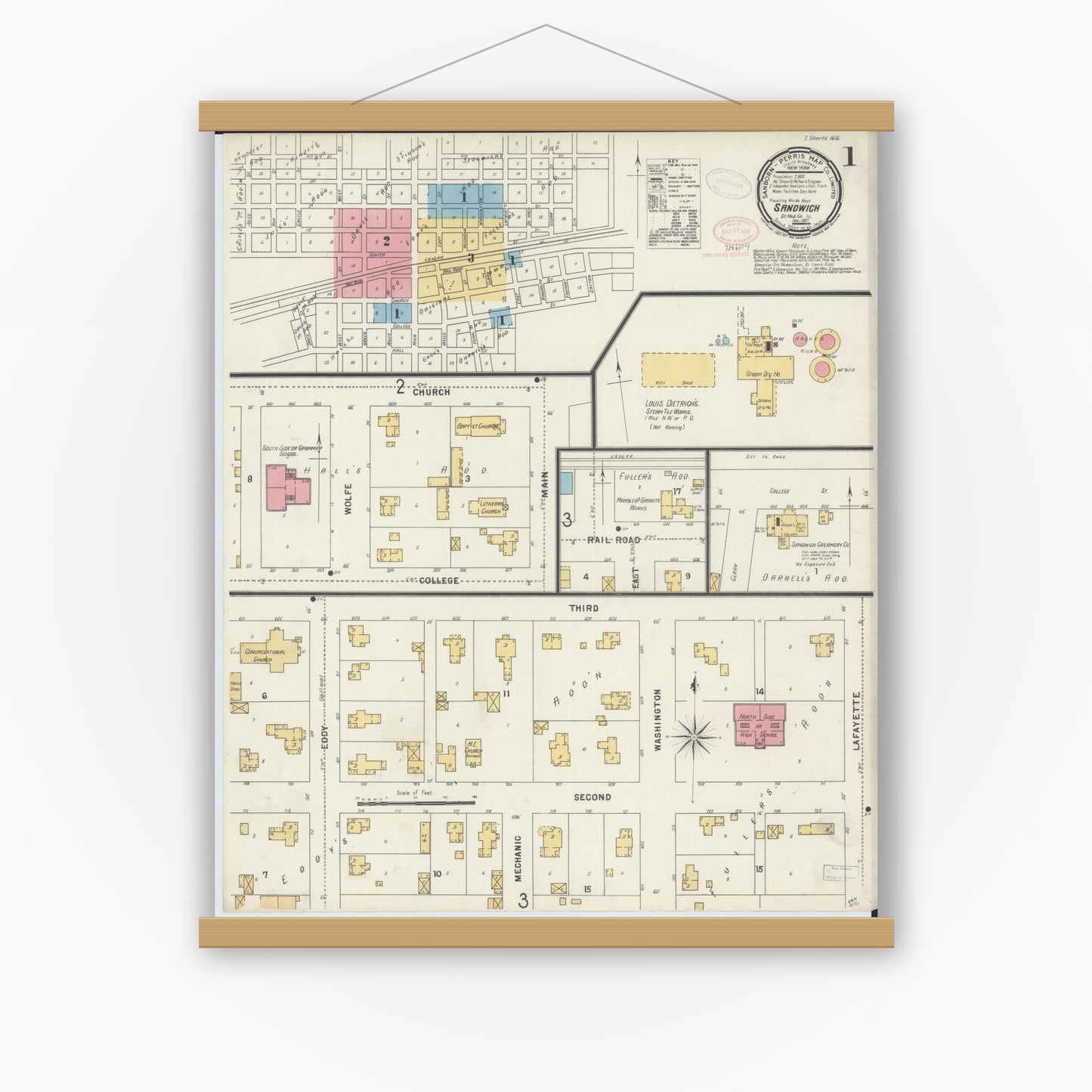 Old map wall art mockup — magnetic wood frame on white wall — Sanborn Fire Insurance Map from Sandwich, De Kalb County, Illinois (1897), Sheet #0001