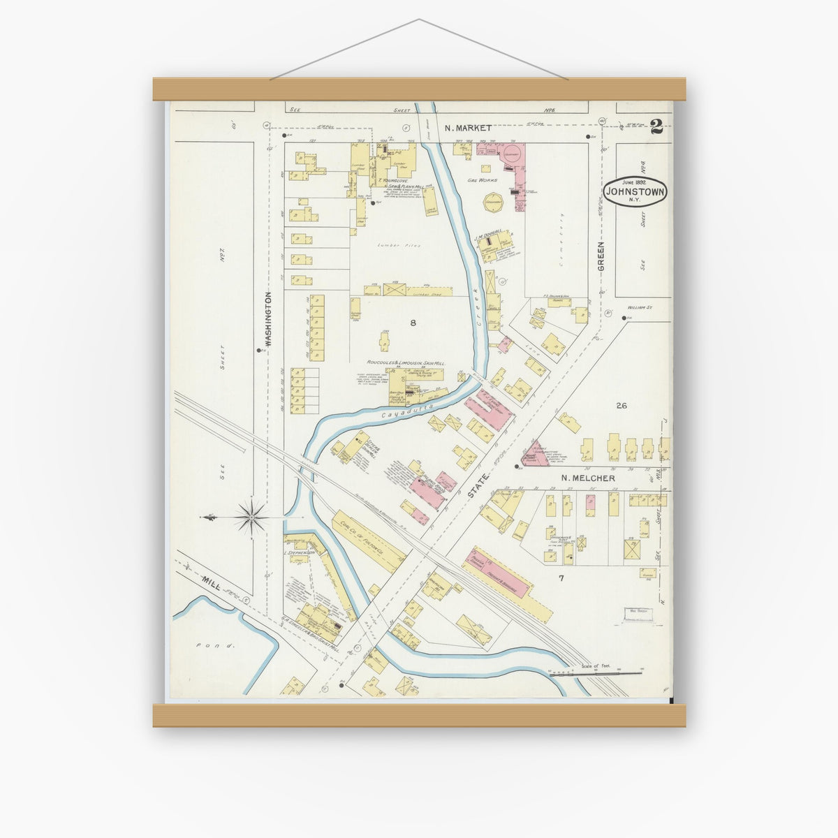 Old map wall art mockup — magnetic wood frame on white wall — Sanborn Fire Insurance Map from Johnstown, Fulton County, New York (1892), Sheet #0002