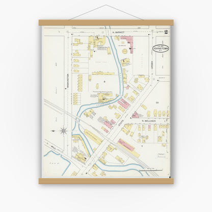 Old map wall art mockup — magnetic wood frame on white wall — Sanborn Fire Insurance Map from Johnstown, Fulton County, New York (1892), Sheet #0002