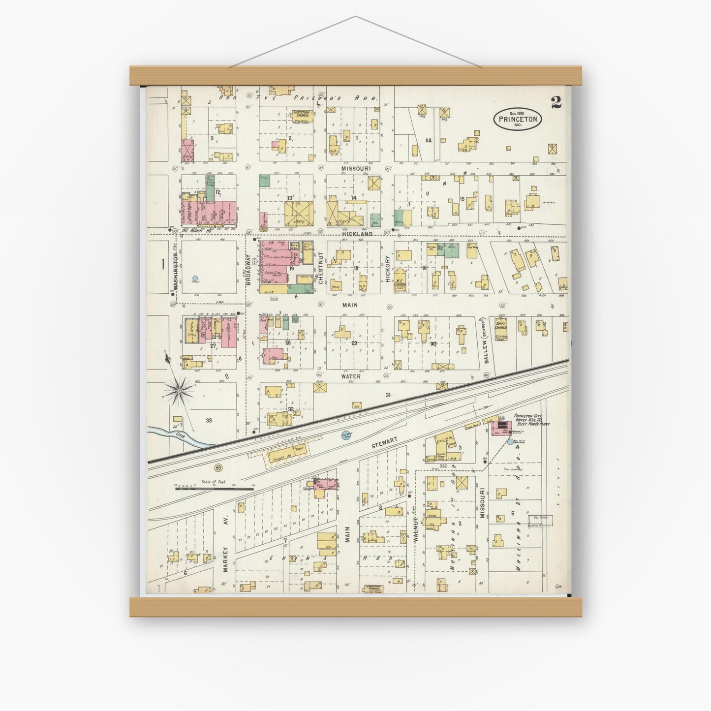 Old map wall art mockup — magnetic wood frame on white wall — Sanborn Fire Insurance Map from Princeton, Mercer County, Missouri (1898), Sheet #0002