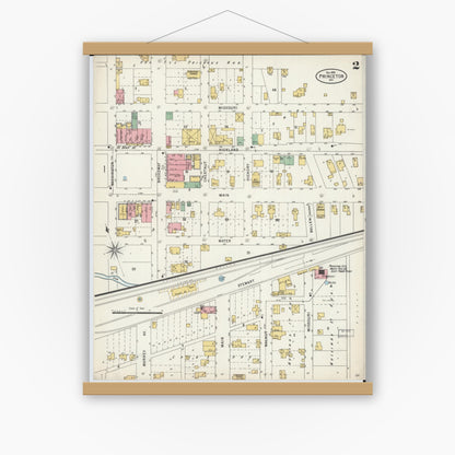 Old map wall art mockup — magnetic wood frame on white wall — Sanborn Fire Insurance Map from Princeton, Mercer County, Missouri (1898), Sheet #0002
