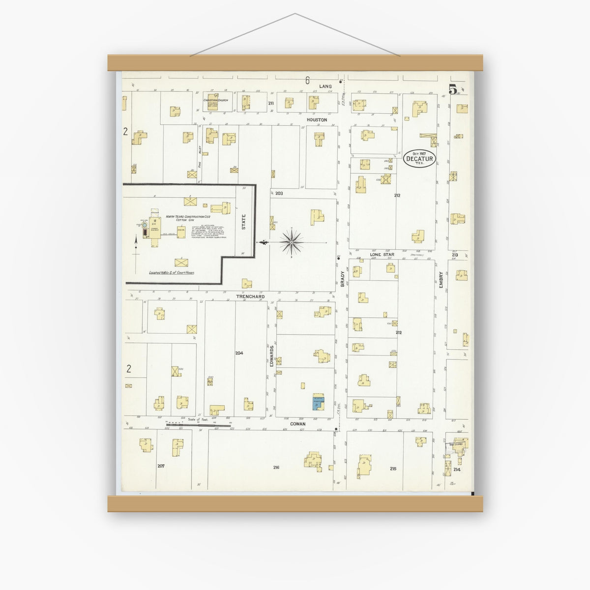 Old map wall art mockup — magnetic wood frame on white wall — Sanborn Fire Insurance Map from Decatur, Wise County, Texas (1907), Sheet #0005