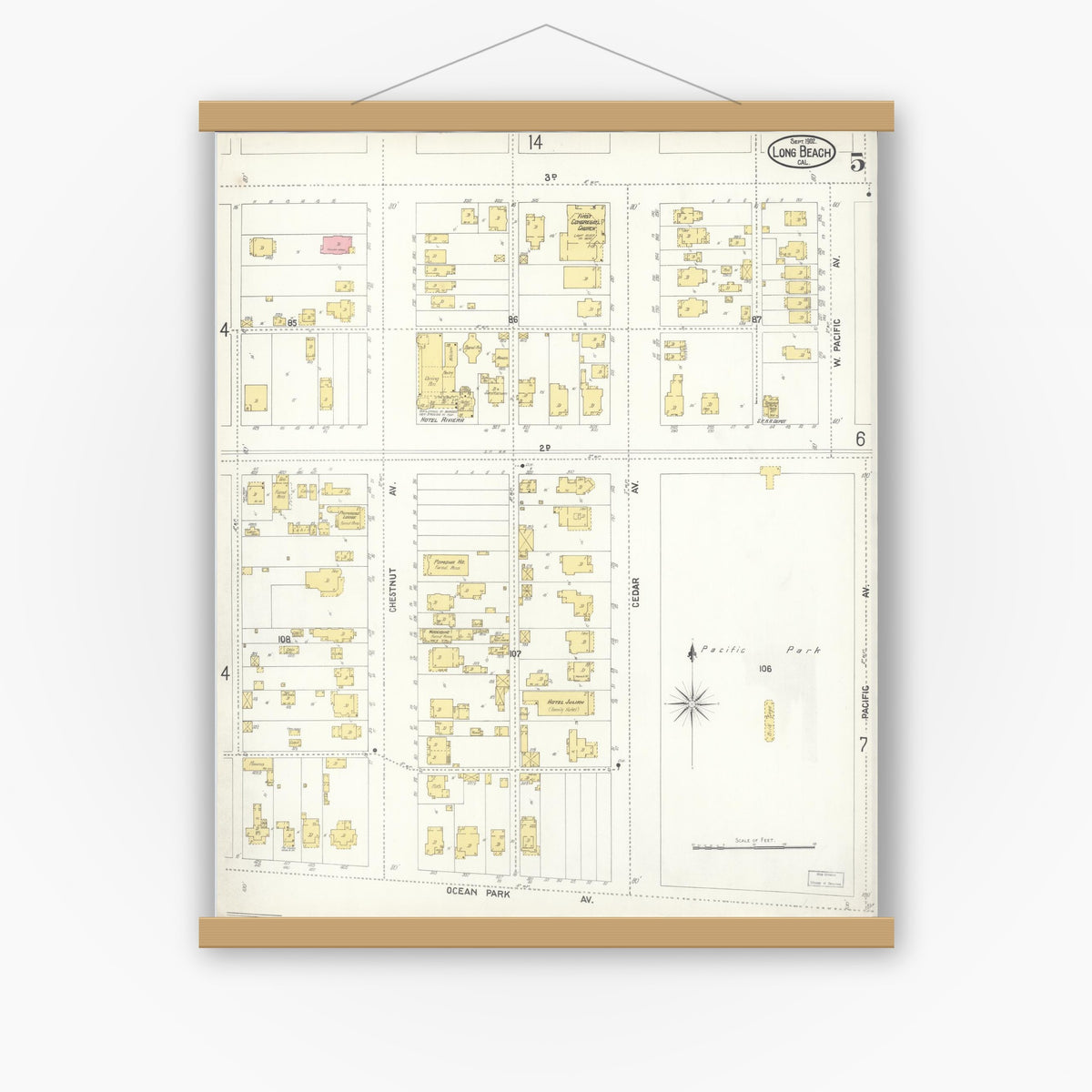 Old map wall art mockup — magnetic wood frame on white wall — Sanborn Fire Insurance Map from Long Beach, Los Angeles County, California (1902), Sheet #0005