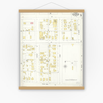 Old map wall art mockup — magnetic wood frame on white wall — Sanborn Fire Insurance Map from Long Beach, Los Angeles County, California (1902), Sheet #0005
