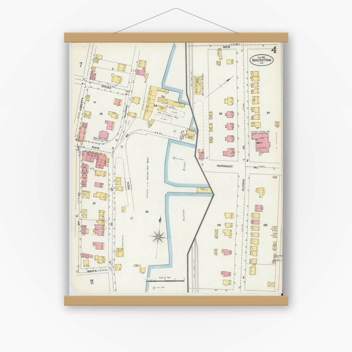 Old map wall art mockup — magnetic wood frame on white wall — Sanborn Fire Insurance Map from Haverstraw, Rockland County, New York (1903), Sheet #0004