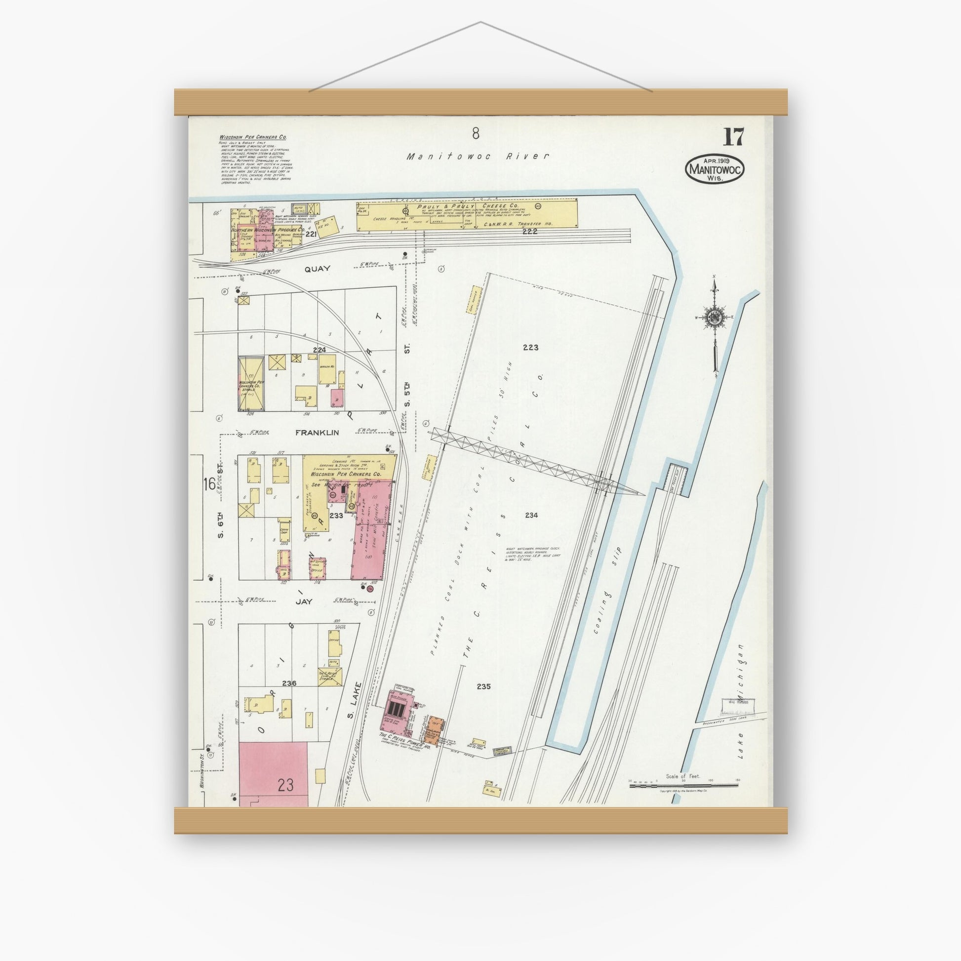 Old map wall art mockup — magnetic wood frame on white wall — Sanborn Fire Insurance Map from Manitowoc, Manitowoc County, Wisconsin (1919), Sheet #0017
