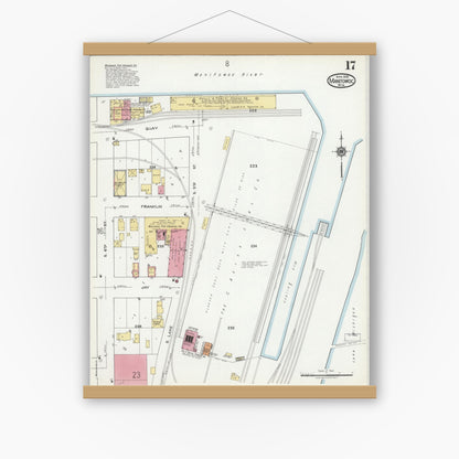Old map wall art mockup — magnetic wood frame on white wall — Sanborn Fire Insurance Map from Manitowoc, Manitowoc County, Wisconsin (1919), Sheet #0017