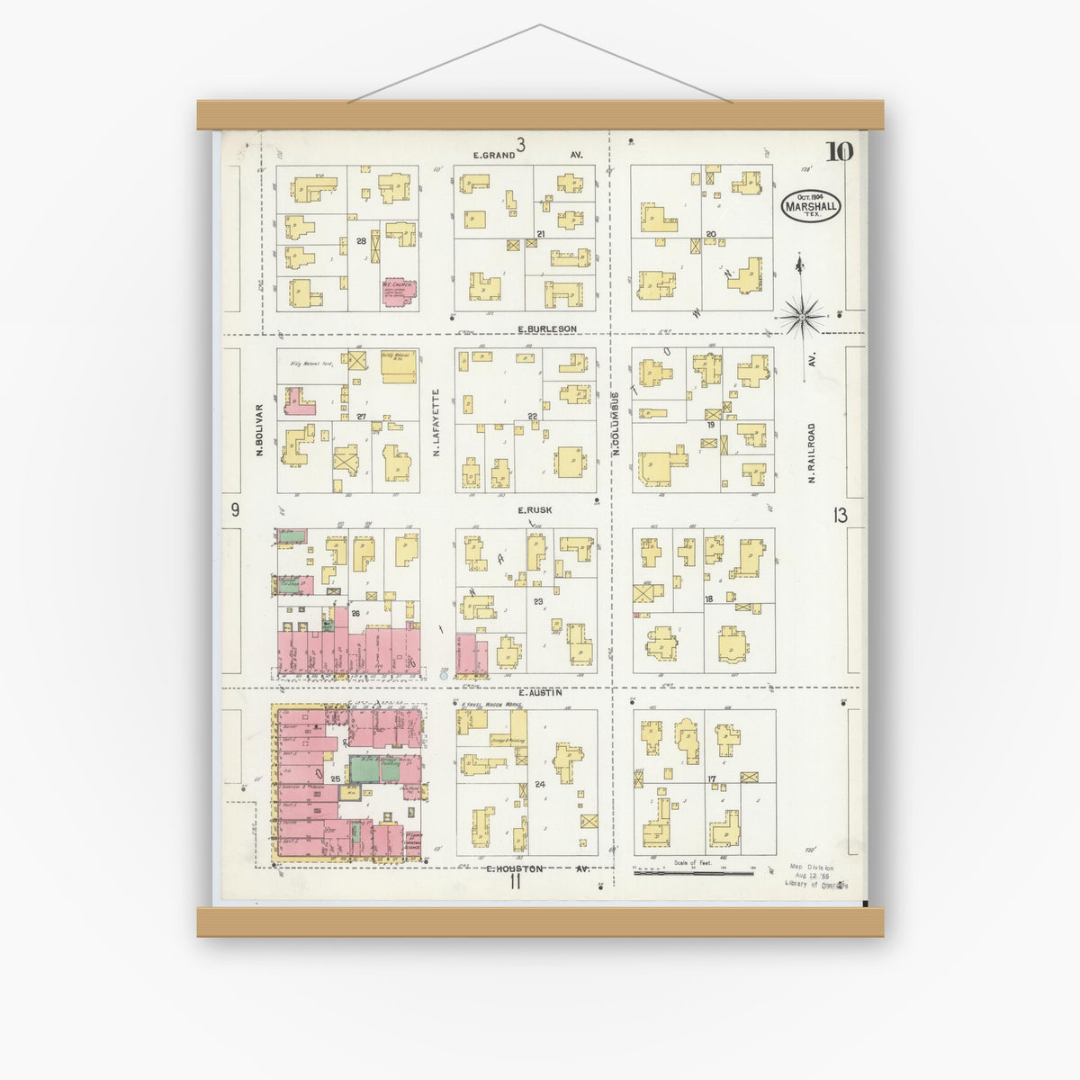 Old map wall art mockup — magnetic wood frame on white wall — Sanborn Fire Insurance Map from Marshall, Harrison County, Texas (1904), Sheet #0010