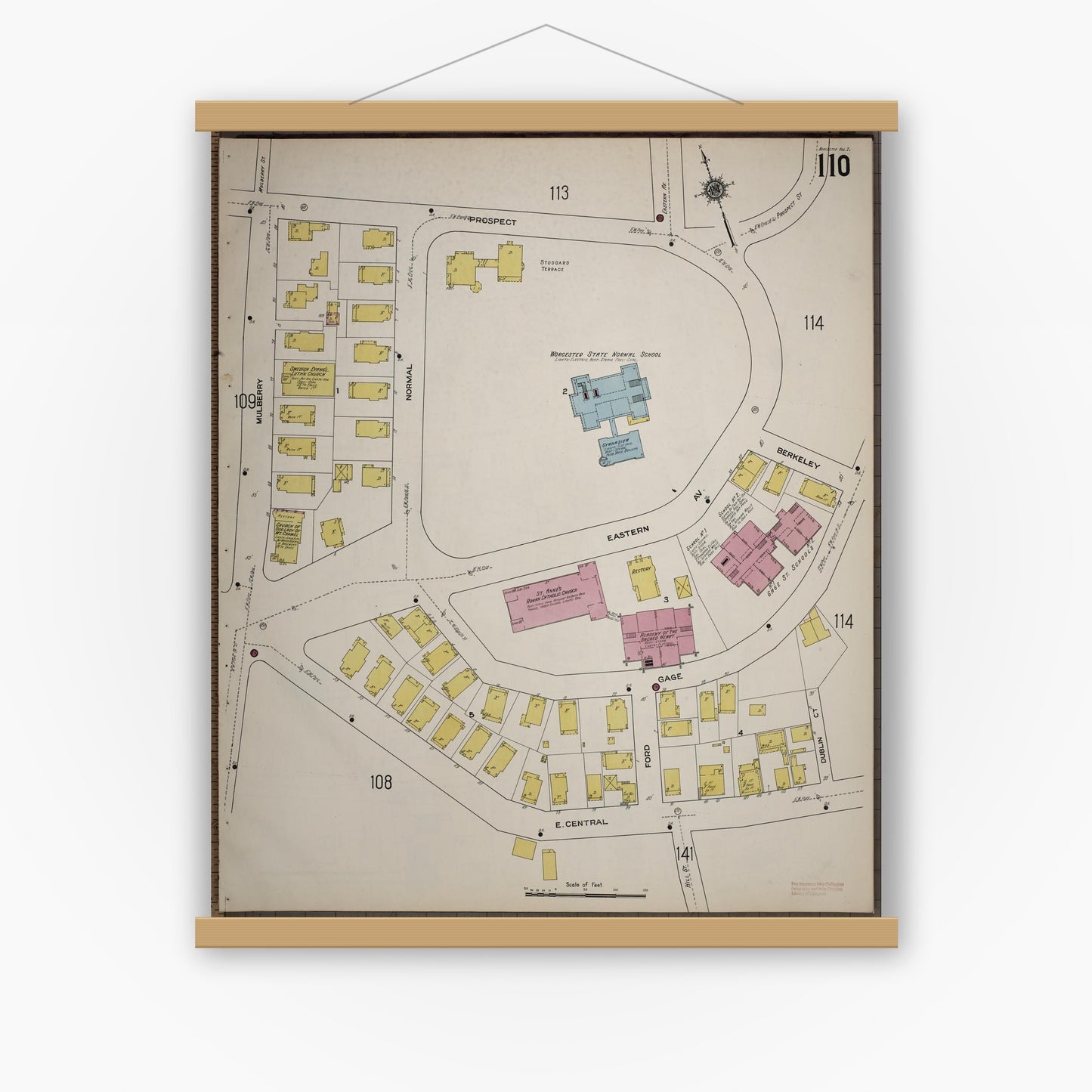 Old map wall art mockup — magnetic wood frame on white wall — Sanborn Fire Insurance Map from Worcester, Worcester County, Massachusetts (1910), Sheet #0110