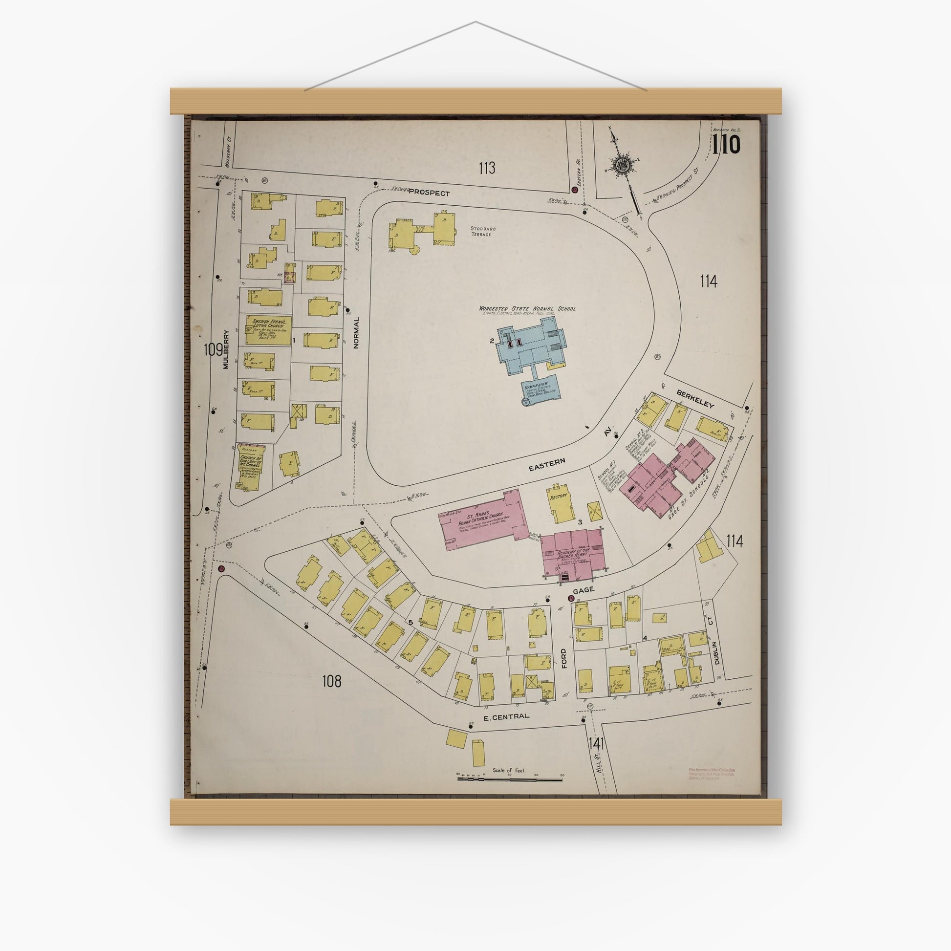 Old map wall art mockup — magnetic wood frame on white wall — Sanborn Fire Insurance Map from Worcester, Worcester County, Massachusetts (1910), Sheet #0110