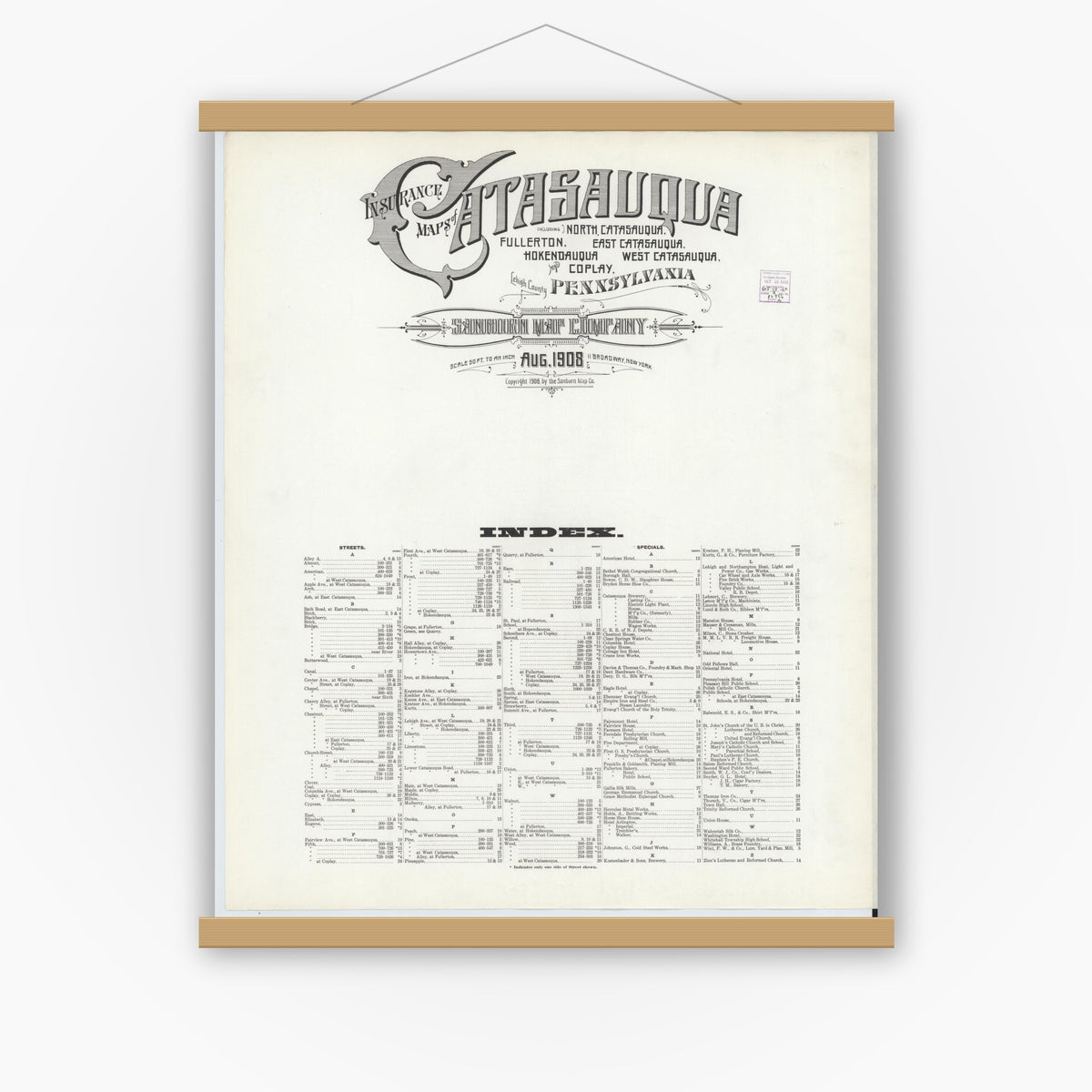 Old map wall art mockup — magnetic wood frame on white wall — Sanborn Fire Insurance Map from Catasauqua, Lehigh County, Pennsylvania (1908), Sheet #0001