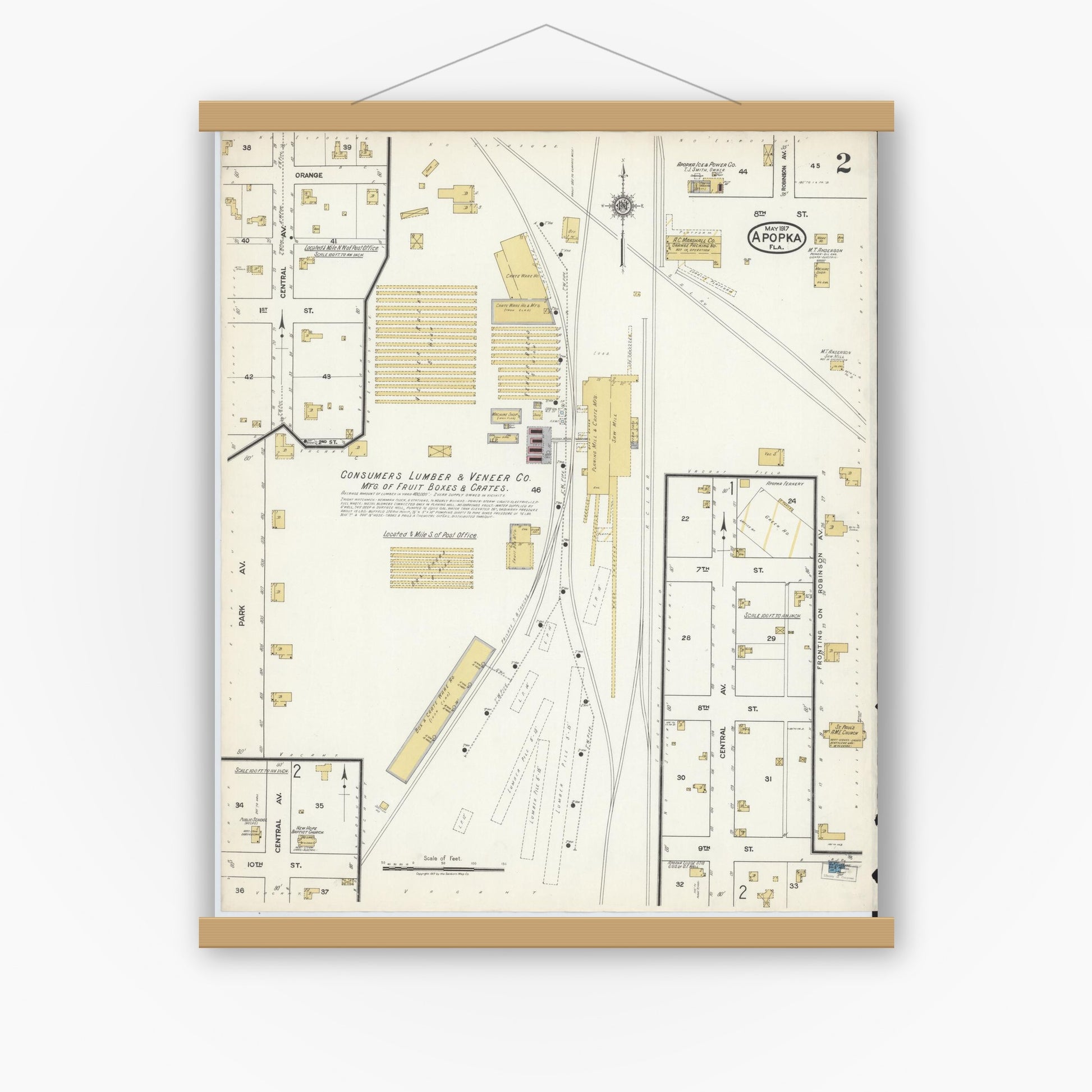 Old map wall art mockup — magnetic wood frame on white wall — Sanborn Fire Insurance Map from Apopka, Orange County, Florida (1917), Sheet #0002