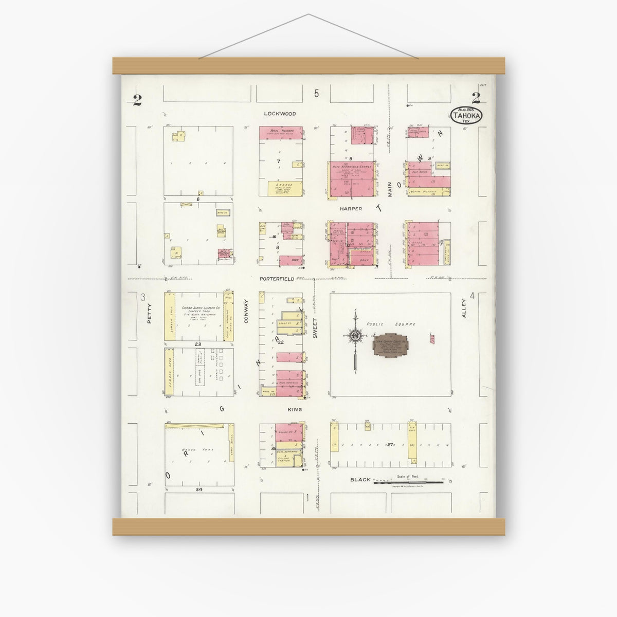 Old map wall art mockup — magnetic wood frame on white wall — Sanborn Fire Insurance Map from Tahoka, Lynn County, Texas (1925), Sheet #0002