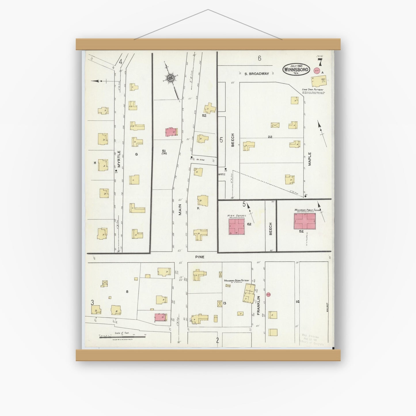 Old map wall art mockup — magnetic wood frame on white wall — Sanborn Fire Insurance Map from Winnsboro, Wood County, Texas (1921), Sheet #0007