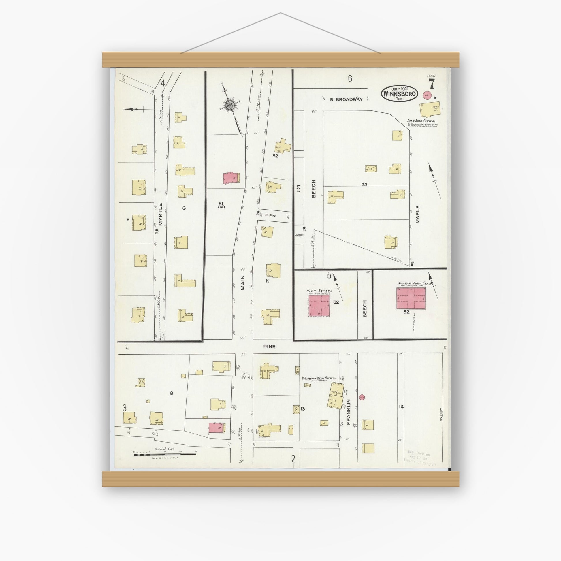 Old map wall art mockup — magnetic wood frame on white wall — Sanborn Fire Insurance Map from Winnsboro, Wood County, Texas (1921), Sheet #0007