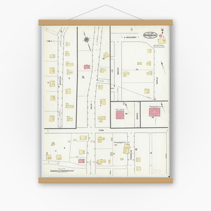 Old map wall art mockup — magnetic wood frame on white wall — Sanborn Fire Insurance Map from Winnsboro, Wood County, Texas (1921), Sheet #0007