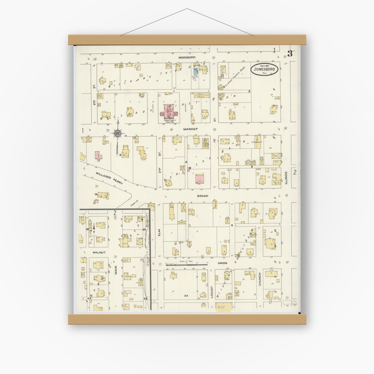 Old map wall art mockup — magnetic wood frame on white wall — Sanborn Fire Insurance Map from Jonesboro, Union County, Illinois (1910), Sheet #0003