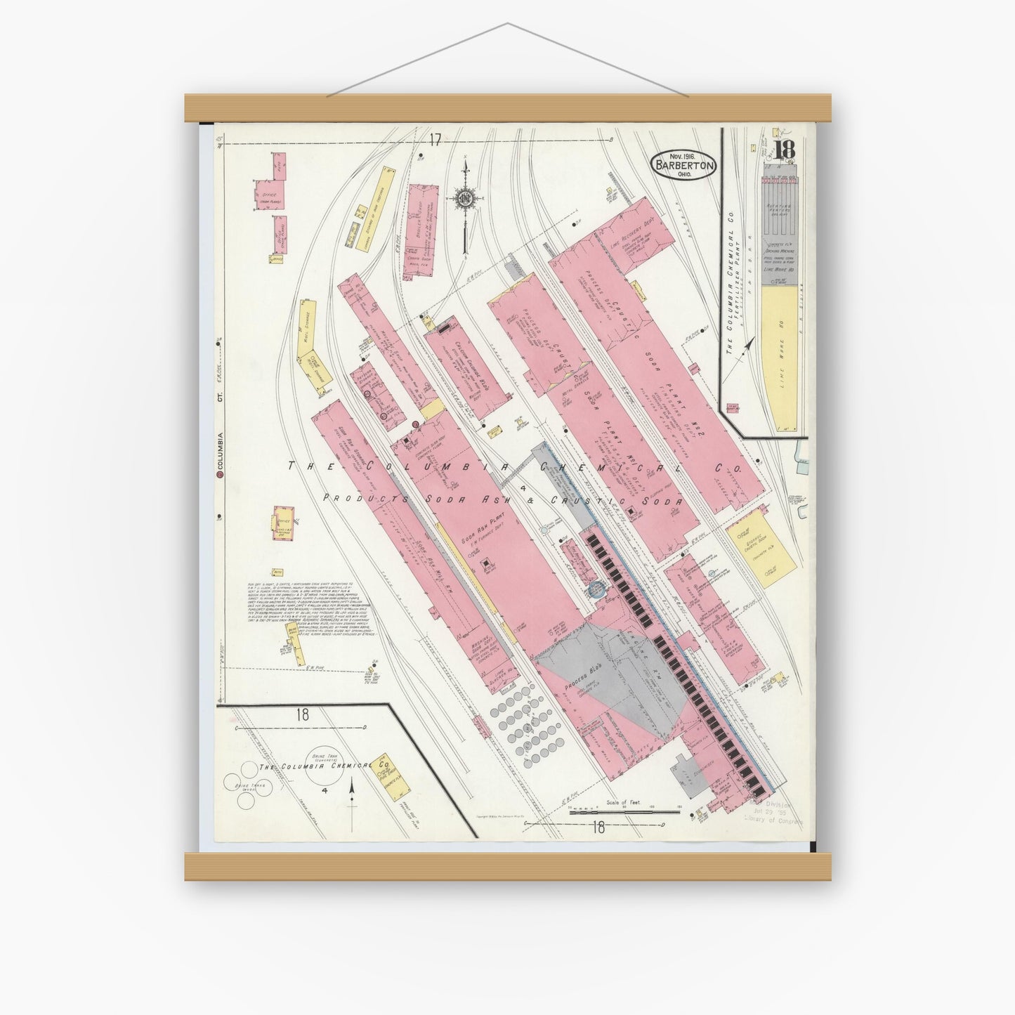 Old map wall art mockup — magnetic wood frame on white wall — Sanborn Fire Insurance Map from Barberton, Summit County, Ohio (1916), Sheet #0018