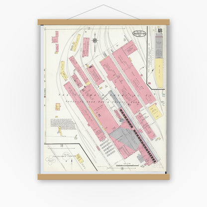 Old map wall art mockup — magnetic wood frame on white wall — Sanborn Fire Insurance Map from Barberton, Summit County, Ohio (1916), Sheet #0018