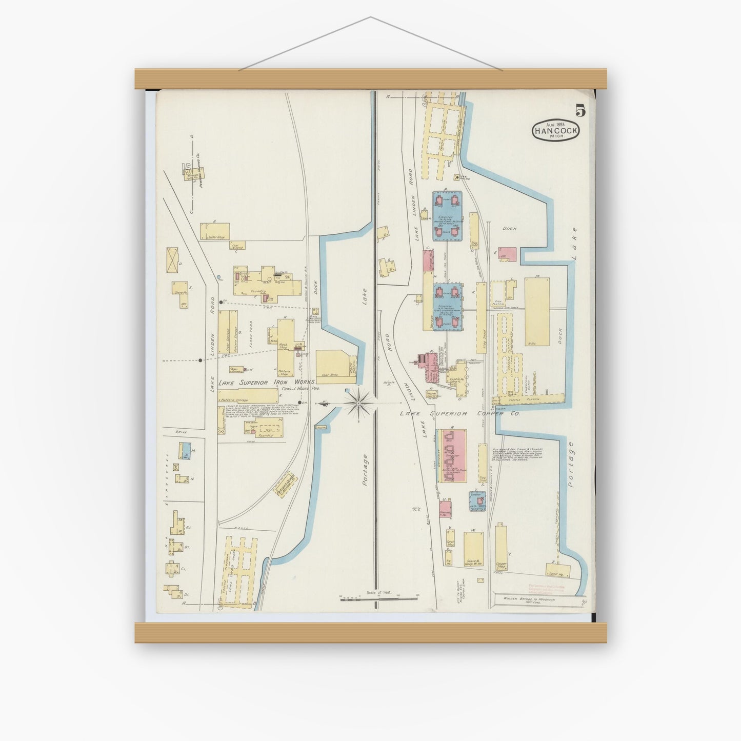 Old map wall art mockup — magnetic wood frame on white wall — Sanborn Fire Insurance Map from Houghton, Houghton County, Michigan (1893), Sheet #0005