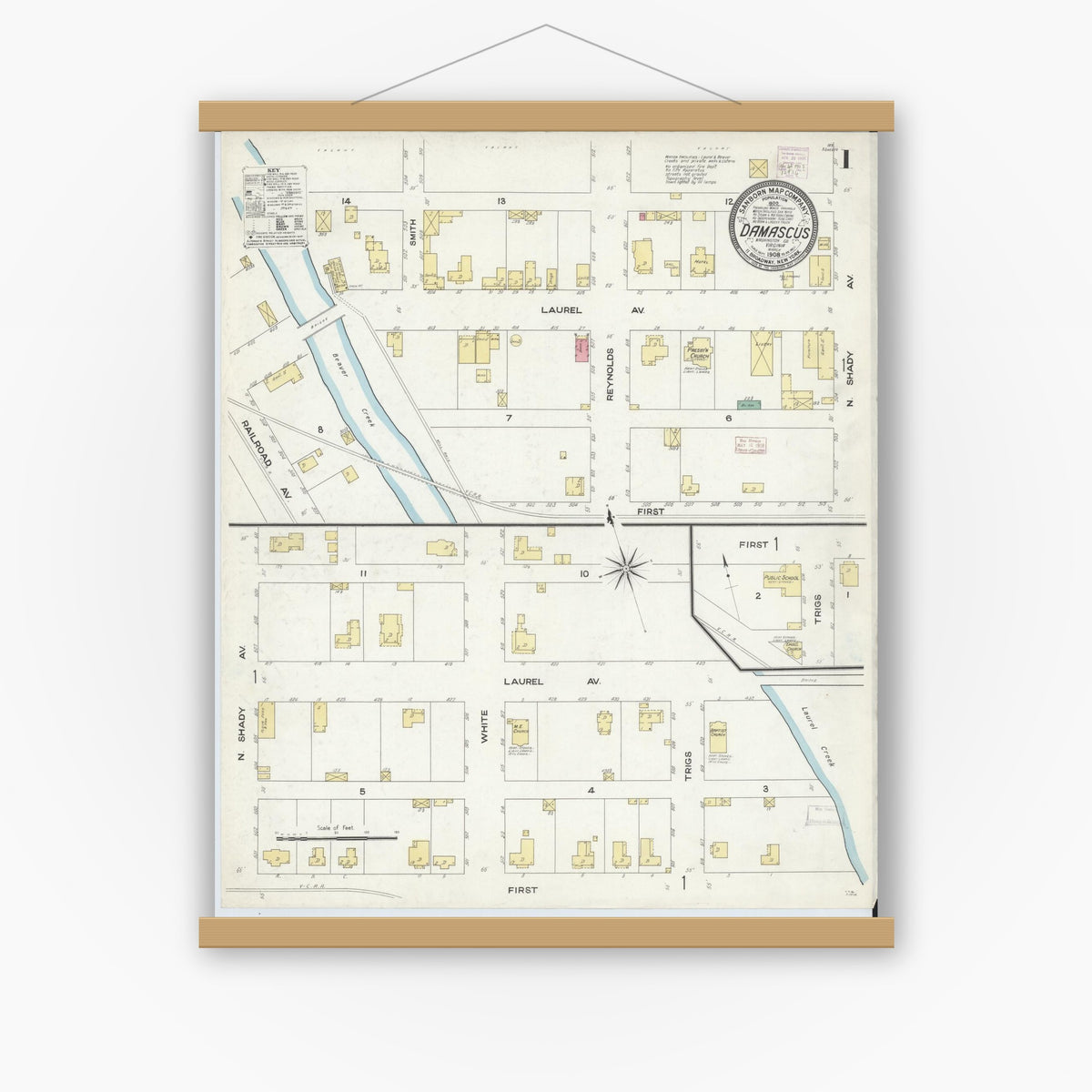 Old map wall art mockup — magnetic wood frame on white wall — Sanborn Fire Insurance Map from Damascus, Washington County, Virginia (1908), Sheet #0001