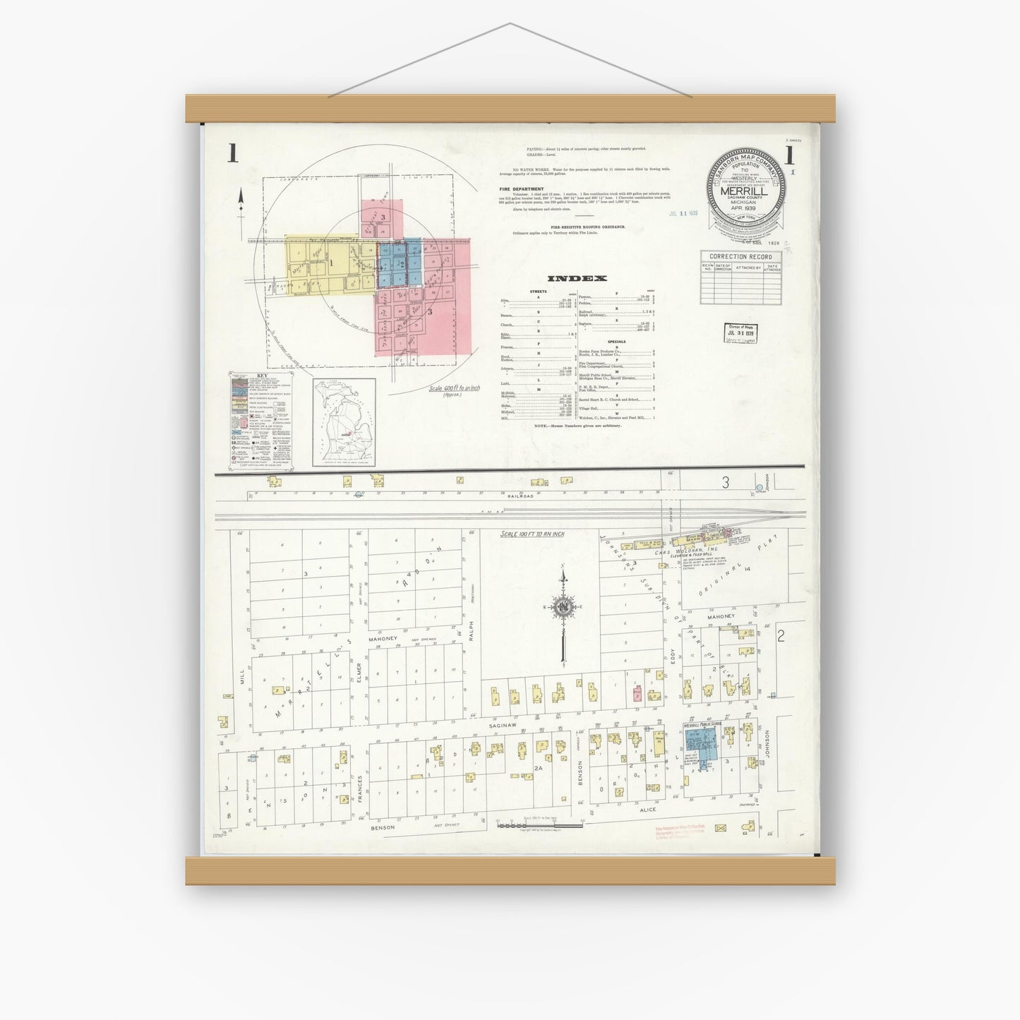 Old map wall art mockup — magnetic wood frame on white wall — Sanborn Fire Insurance Map from Merrill, Saginaw County, Michigan (1939), Sheet #0001