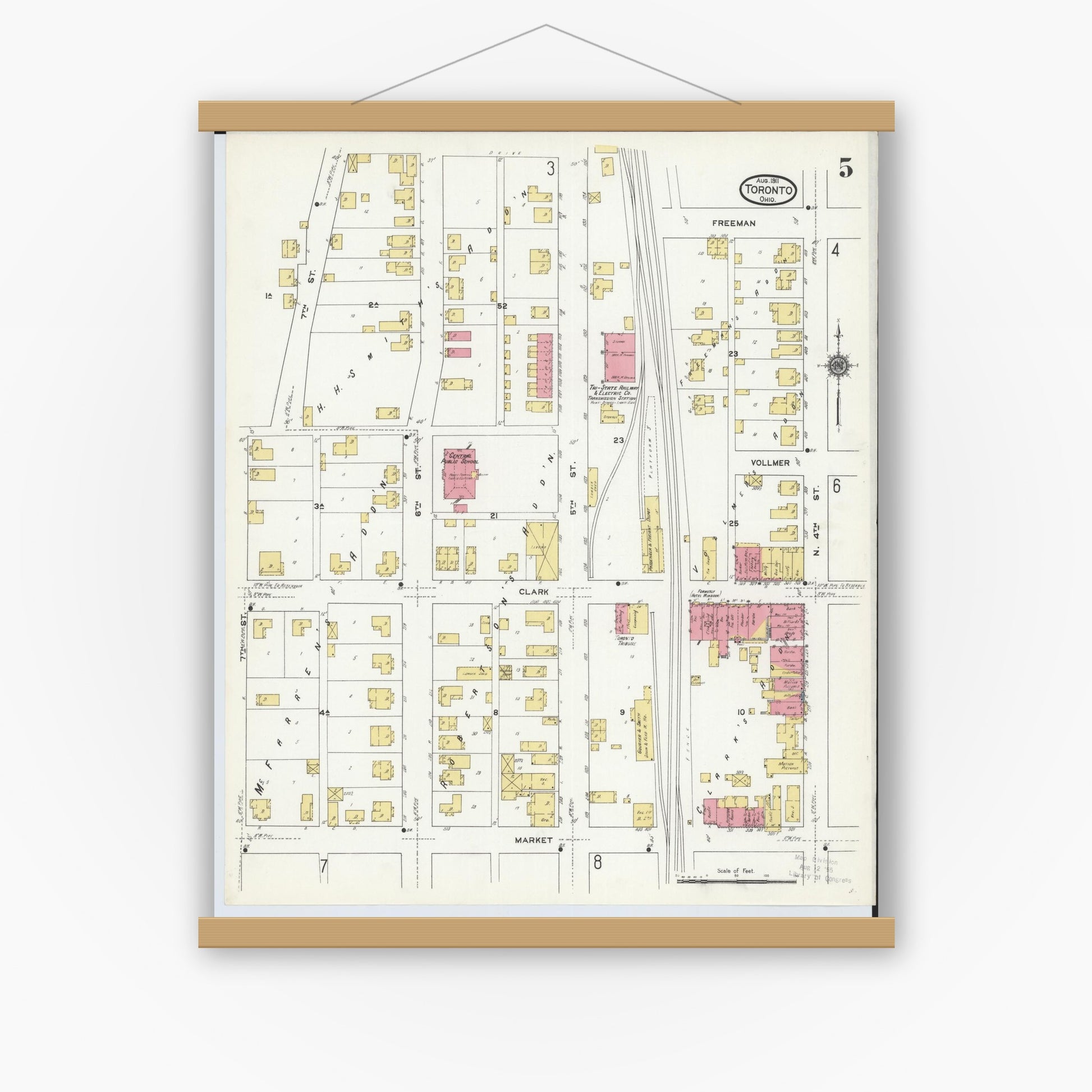 Old map wall art mockup — magnetic wood frame on white wall — Sanborn Fire Insurance Map from Toronto, Jefferson County, Ohio (1911), Sheet #0005