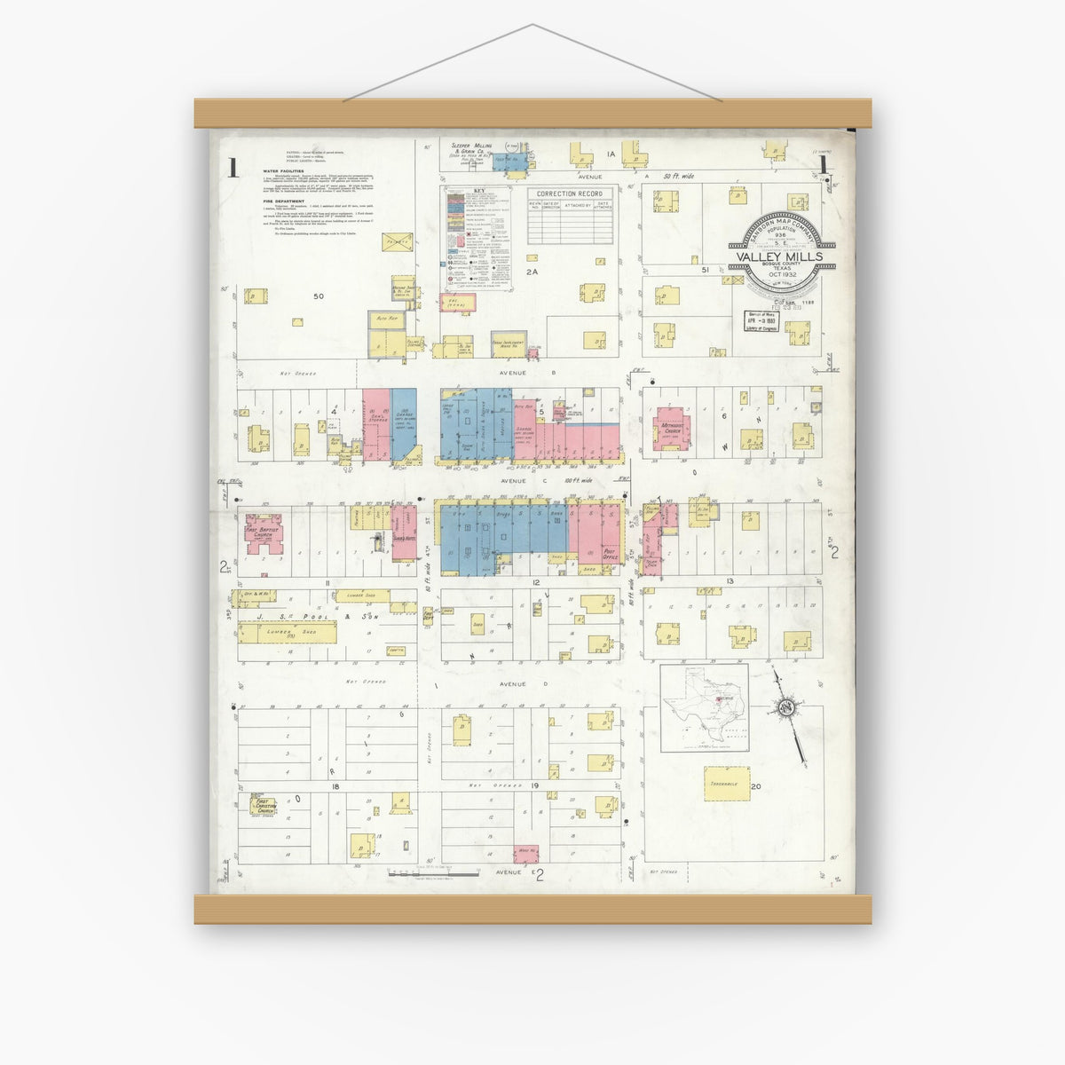 Old map wall art mockup — magnetic wood frame on white wall — Sanborn Fire Insurance Map from Valley Mills, Bosque County, Texas (1932), Sheet #0001