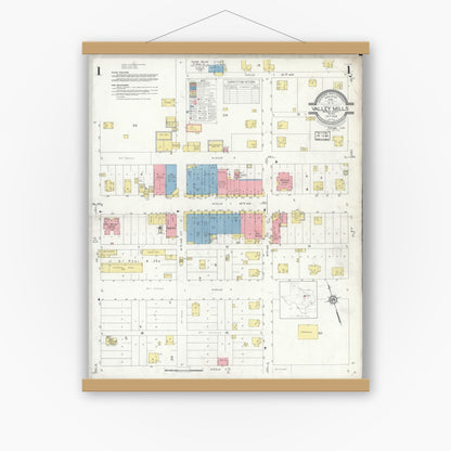 Old map wall art mockup — magnetic wood frame on white wall — Sanborn Fire Insurance Map from Valley Mills, Bosque County, Texas (1932), Sheet #0001