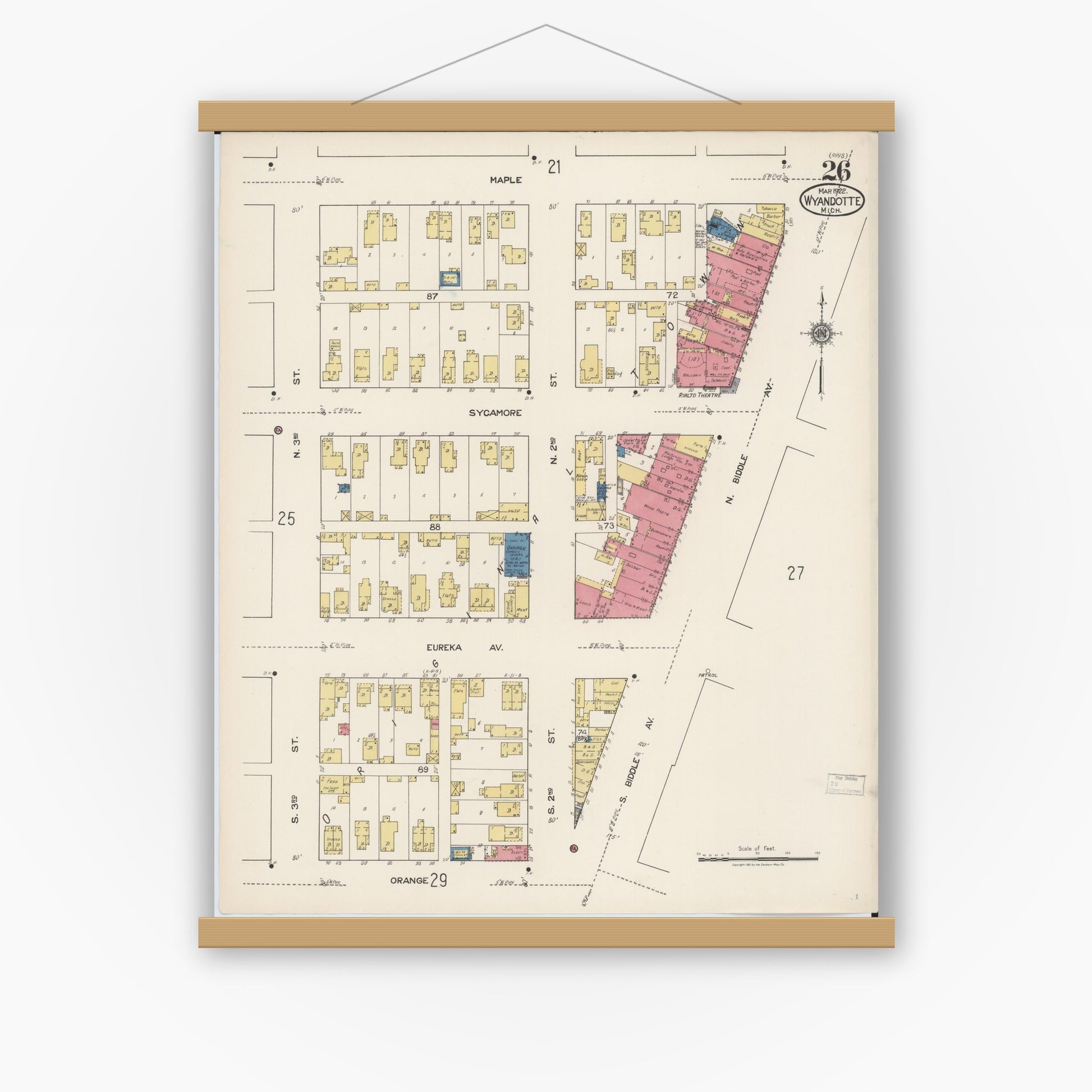 Old map wall art mockup — magnetic wood frame on white wall — Sanborn Fire Insurance Map from Wyandotte, Wayne County, Michigan (1922), Sheet #0026