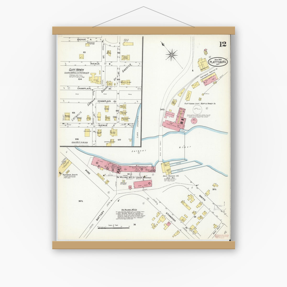 Old map wall art mockup — magnetic wood frame on white wall — Sanborn Fire Insurance Map from Plattsburg, Clinton County, New York (1909), Sheet #0011