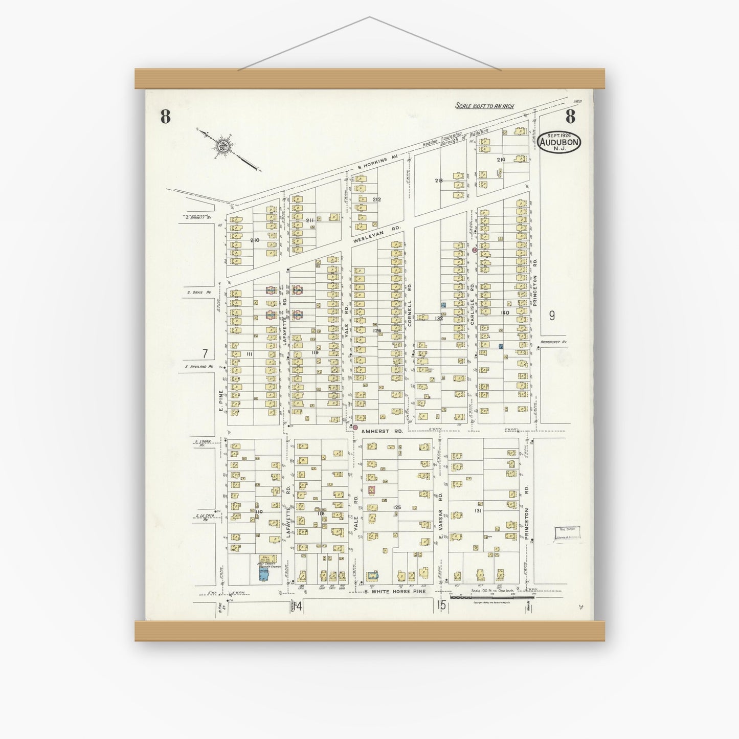 Old map wall art mockup — magnetic wood frame on white wall — Sanborn Fire Insurance Map from Audubon, Camden County, New Jersey (1924), Sheet #0008