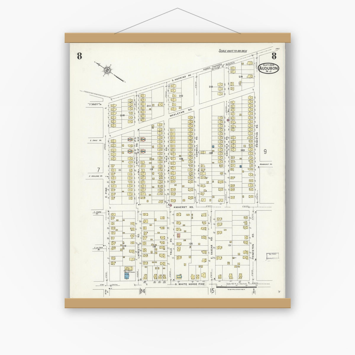 Old map wall art mockup — magnetic wood frame on white wall — Sanborn Fire Insurance Map from Audubon, Camden County, New Jersey (1924), Sheet #0008