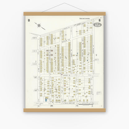 Old map wall art mockup — magnetic wood frame on white wall — Sanborn Fire Insurance Map from Audubon, Camden County, New Jersey (1924), Sheet #0008